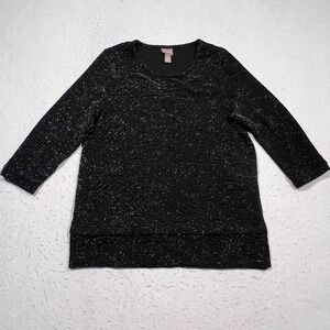 Chico's Top Black Metallic 3/4‎ Sleeve Split Hem Textured Women's 1 US M/8